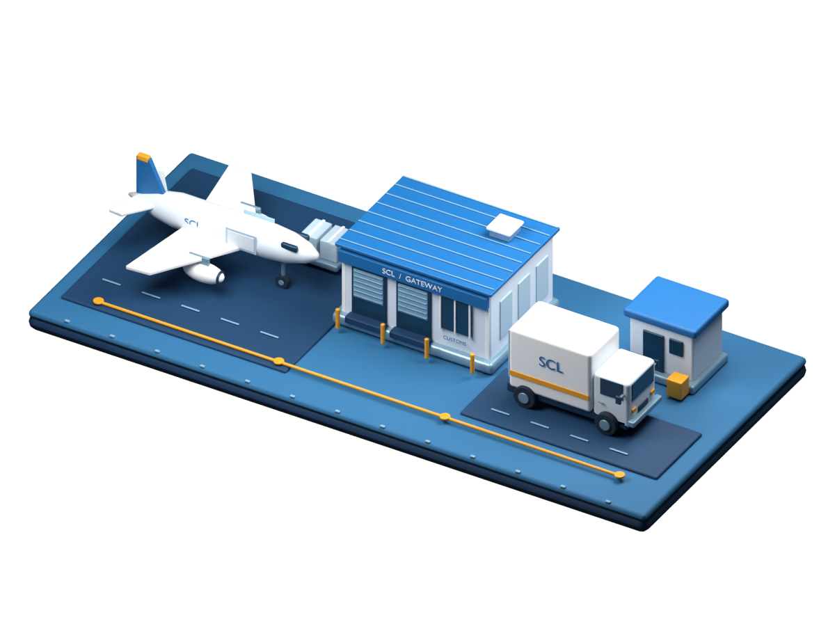 Miniature cargo aircraft, customs warehouse and delivery truck linked by an orange route.